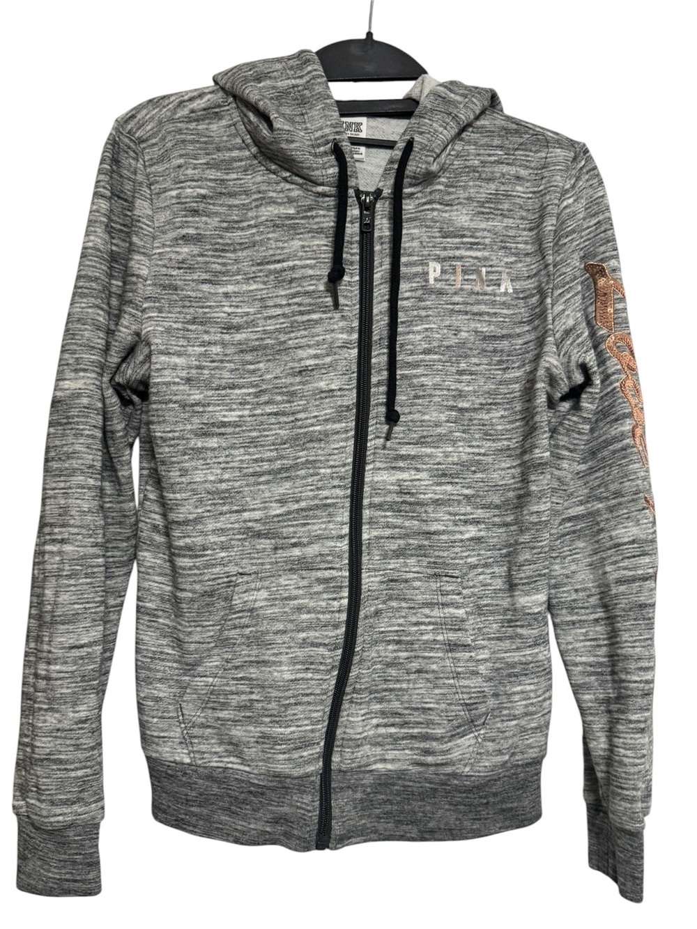 Victoria's Secret PINK Perfect Full-Zip Bling Hoodie Gray & rose gold sequins XS - Picture 1 of 6